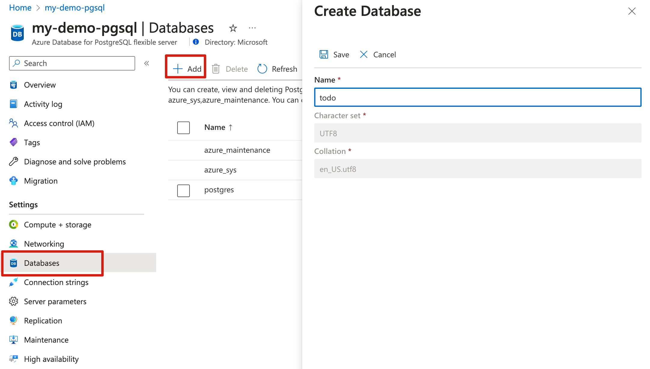 Screenshot of the Azure portal that shows the Databases page with the Create Database pane open.