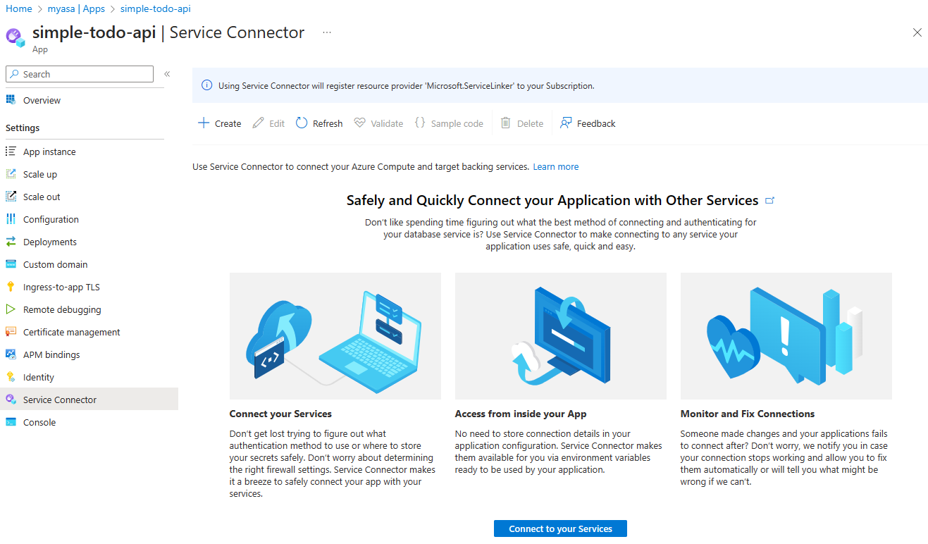 Screenshot of the Azure portal that shows the enterprise plan Service Connector page with the Create button highlighted.