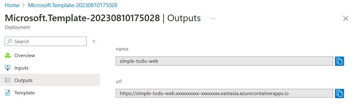 Diagram that shows the consumption app URL of the ARM deployment outputs.