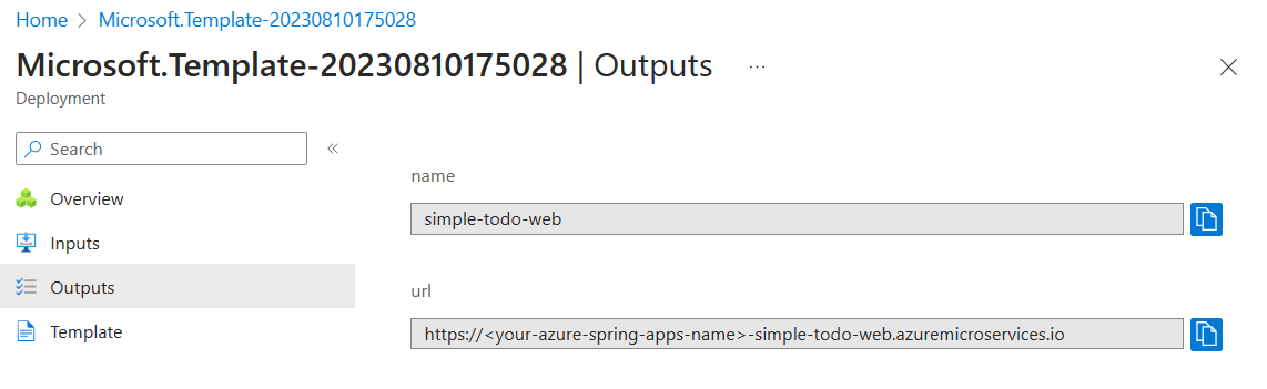 Diagram that shows the enterprise app URL of the ARM deployment outputs.