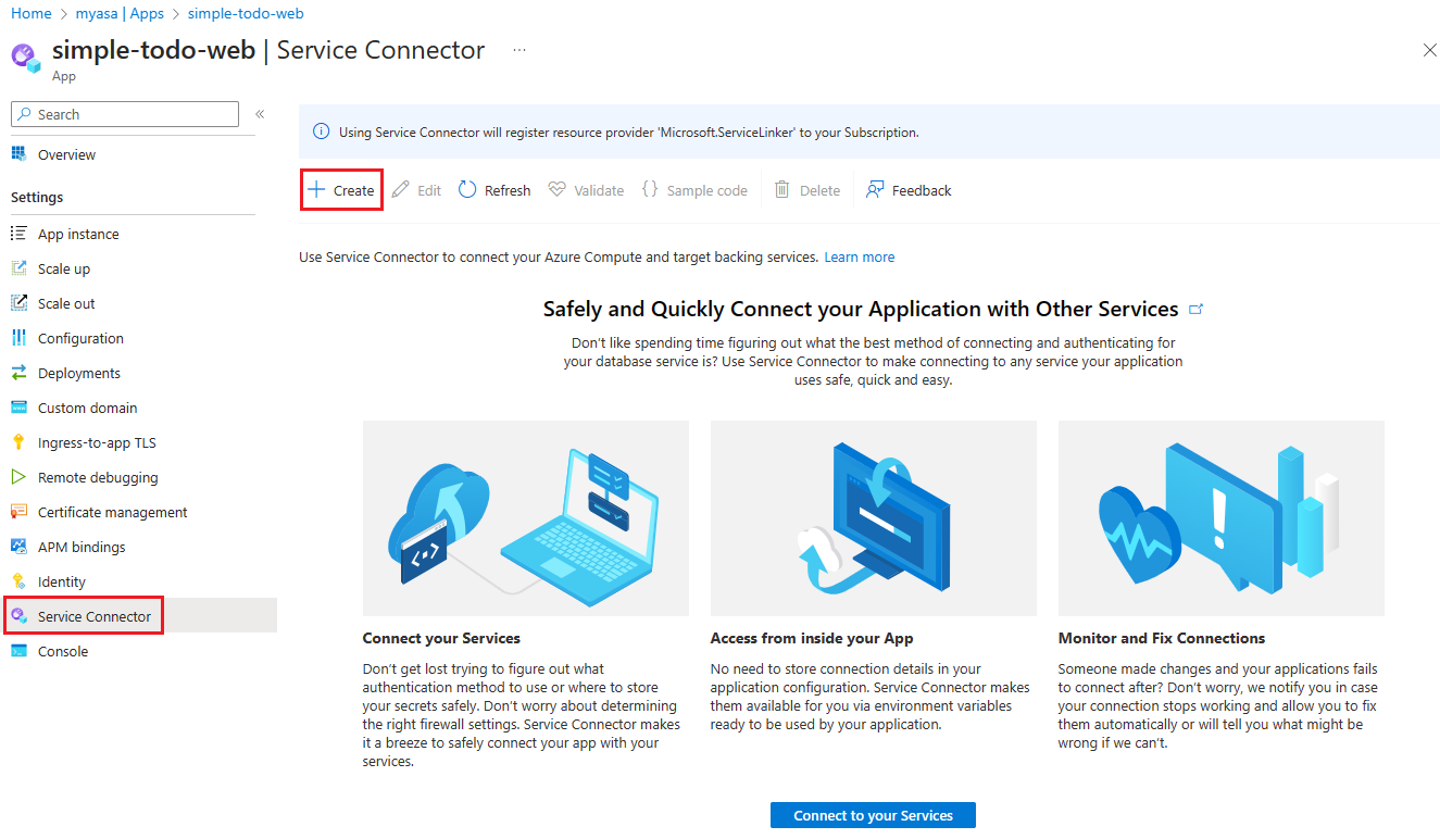 Screenshot of the Azure portal that shows the enterprise plan Service Connector page with the Create button highlighted.
