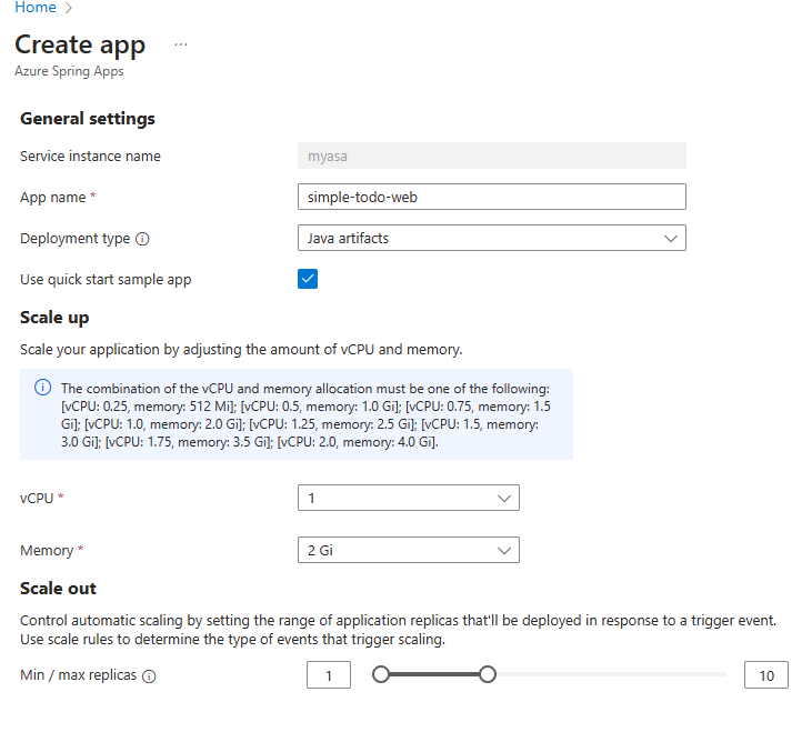 Screenshot of the Azure portal that shows the Create app pane.