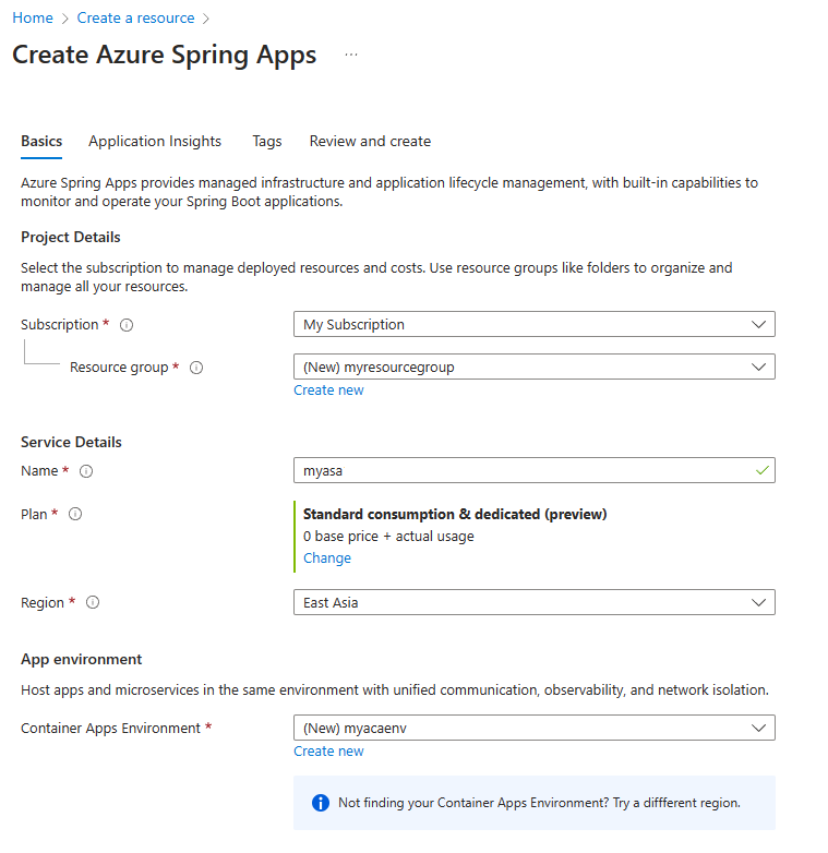 Screenshot of the Azure portal that shows the Create Azure Spring Apps page.