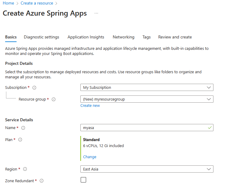 Screenshot of the Azure portal that shows the Create Azure Spring Apps page.