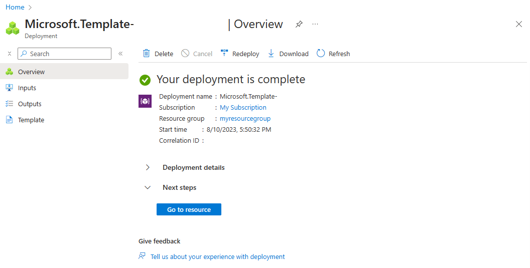 Screenshot of the Azure portal that shows the Overview page with the custom deployment notifications pane open.