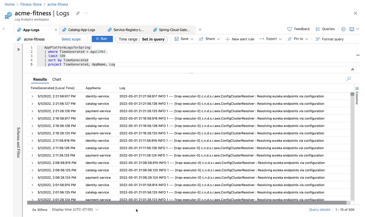 Screenshot of Azure portal showing example output from all application logs query.