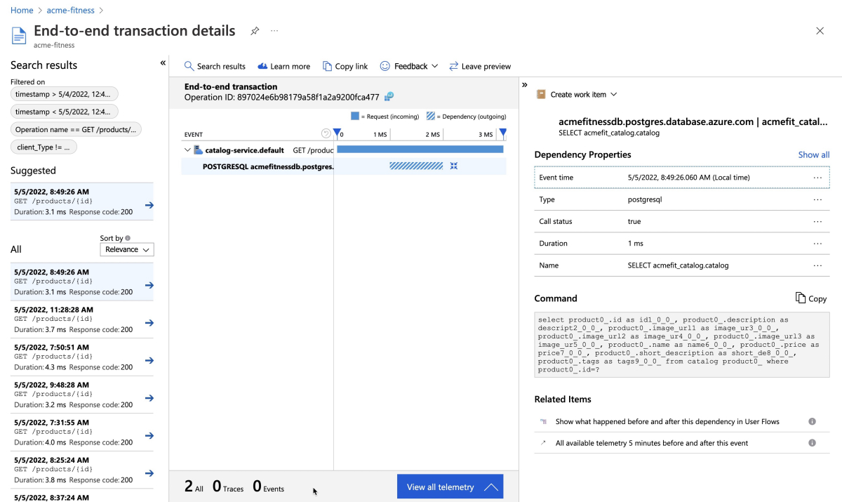 Screenshot of Azure portal showing the end-to-end transaction of an S Q L call.