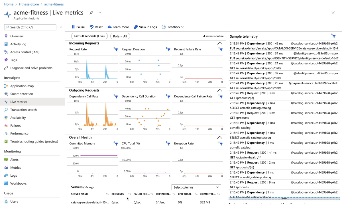 Screenshot showing the live metrics of all applications.