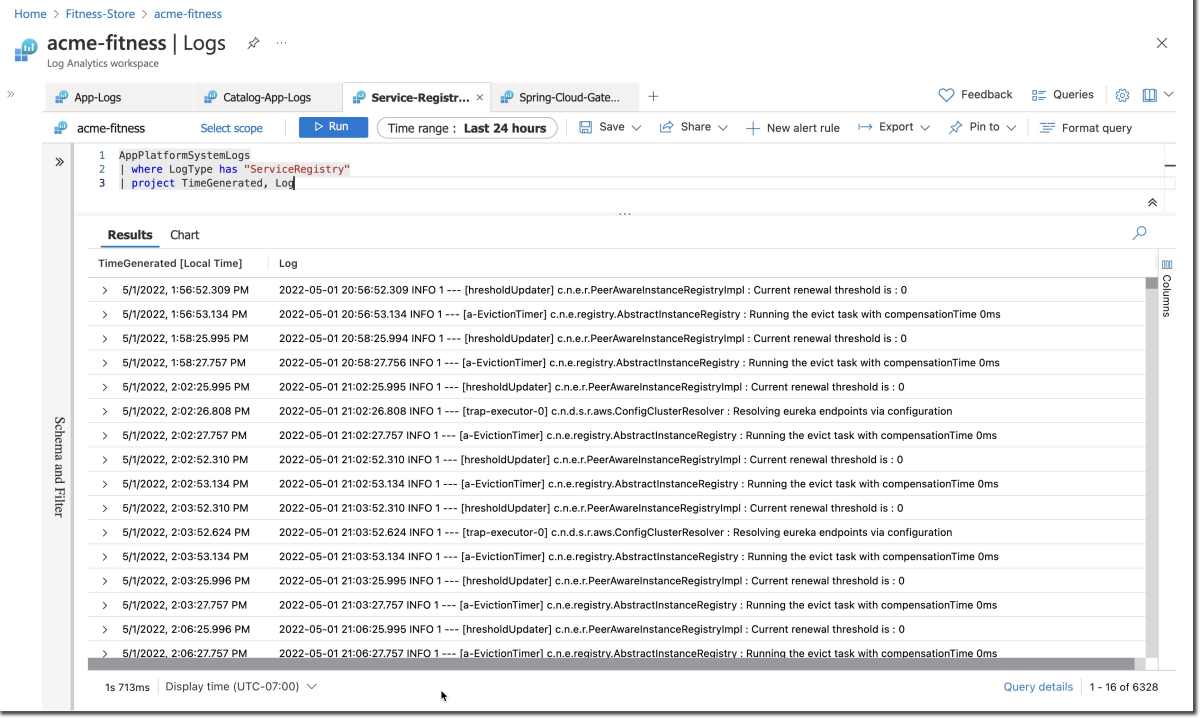 Screenshot of Azure portal showing example output from service registry logs.