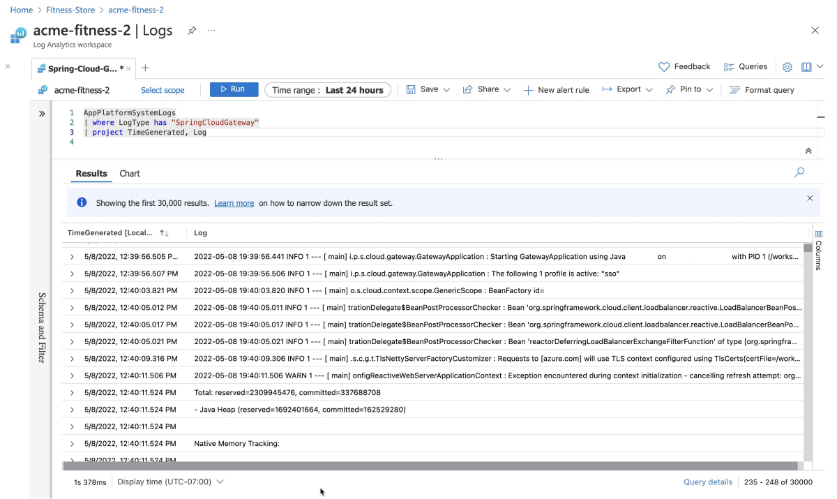 Screenshot of Azure portal showing example output from the Spring Cloud Gateway Logs.