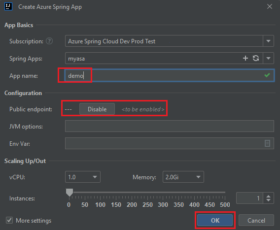 Screenshot of IntelliJ IDEA Create app dialog box with public endpoint Disable button highlighted.