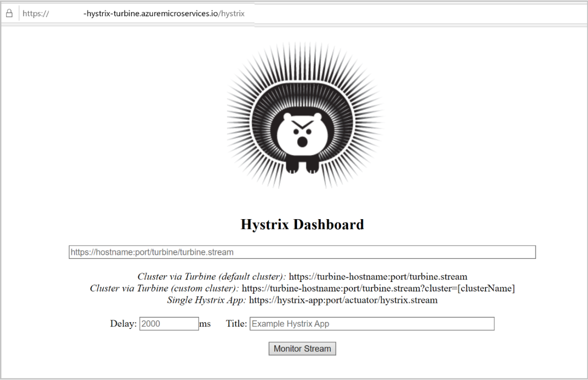 Screenshot of the Hystrix Dashboard that shows the Delay and Title details.