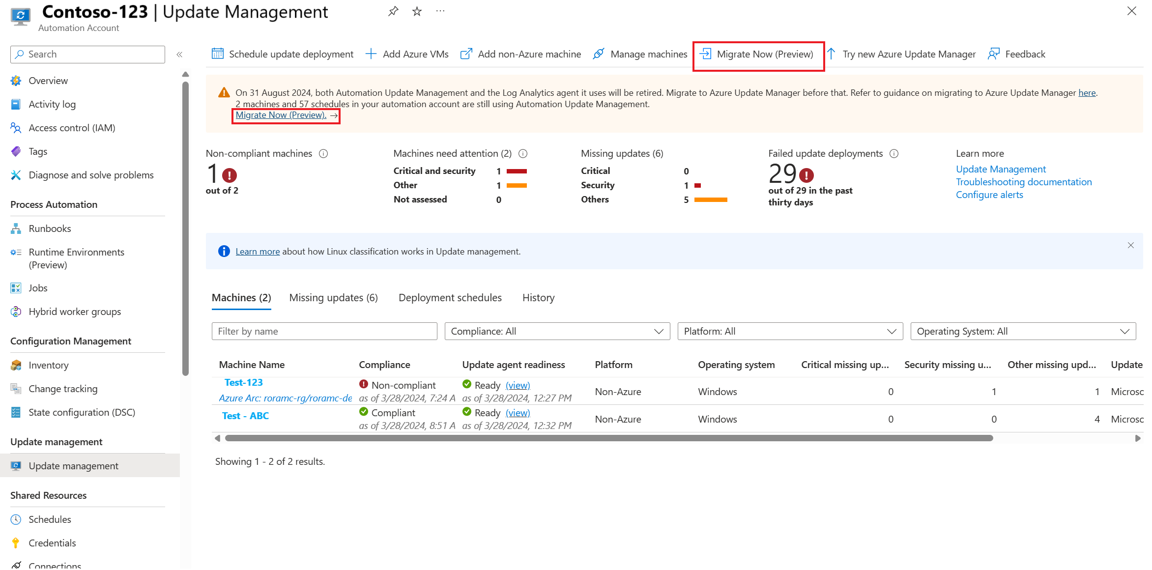 Screenshot that shows how to migrate from Automation Update Management entry point.