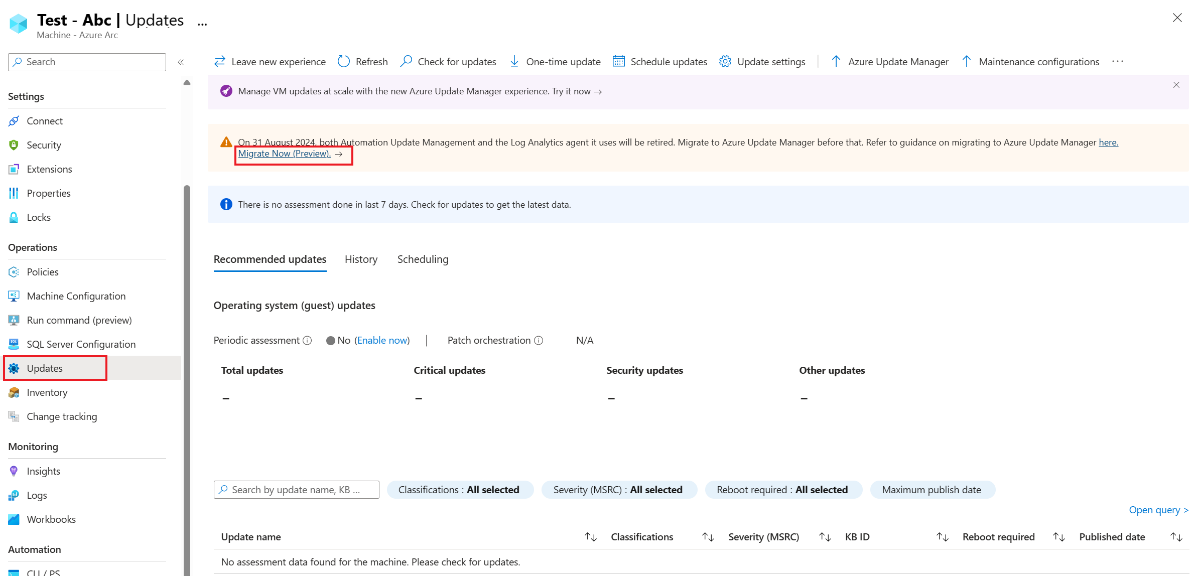 Screenshot that shows how to migrate from single virtual machine entry point.