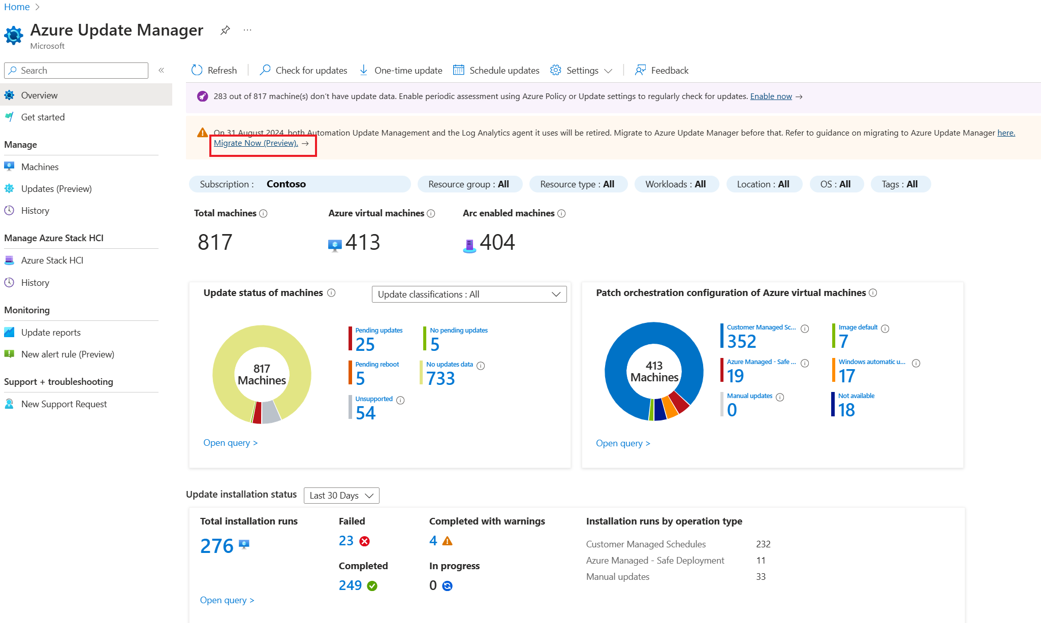 Screenshot that shows how to migrate from Azure Update Manager entry point.