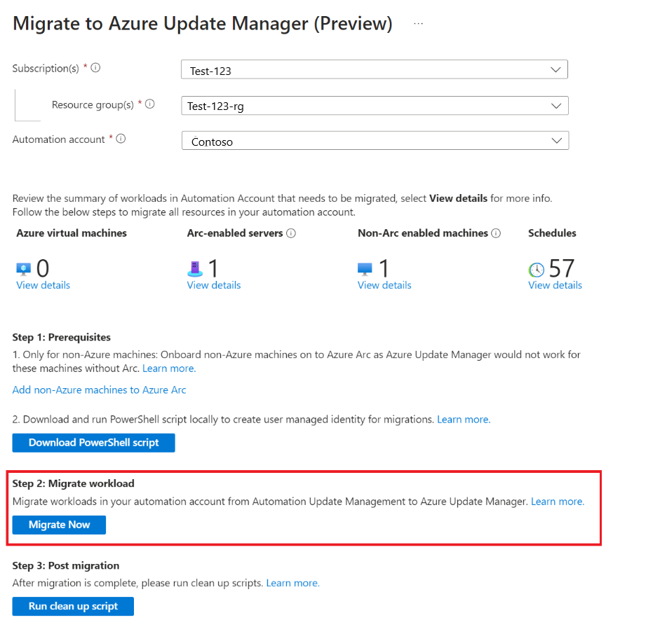 Screenshot that shows how to migrate workload in your Automation account.