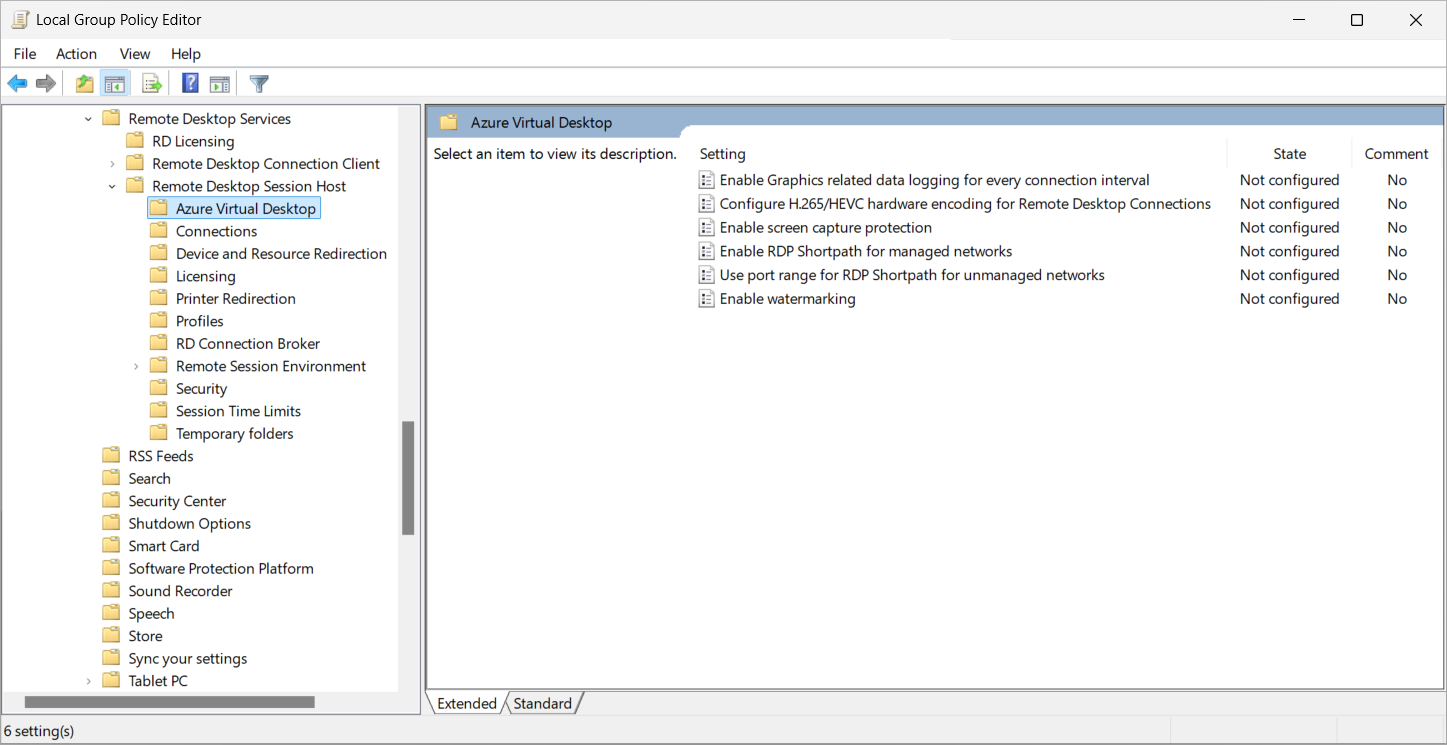 A screenshot of the Group Policy Management Editor showing Azure Virtual Desktop policy settings.