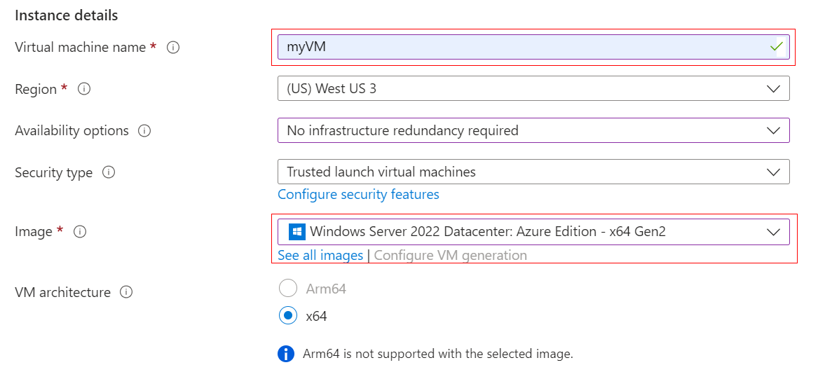 Screenshot of the Instance details section where you provide a name for the virtual machine and select its region, image and size.