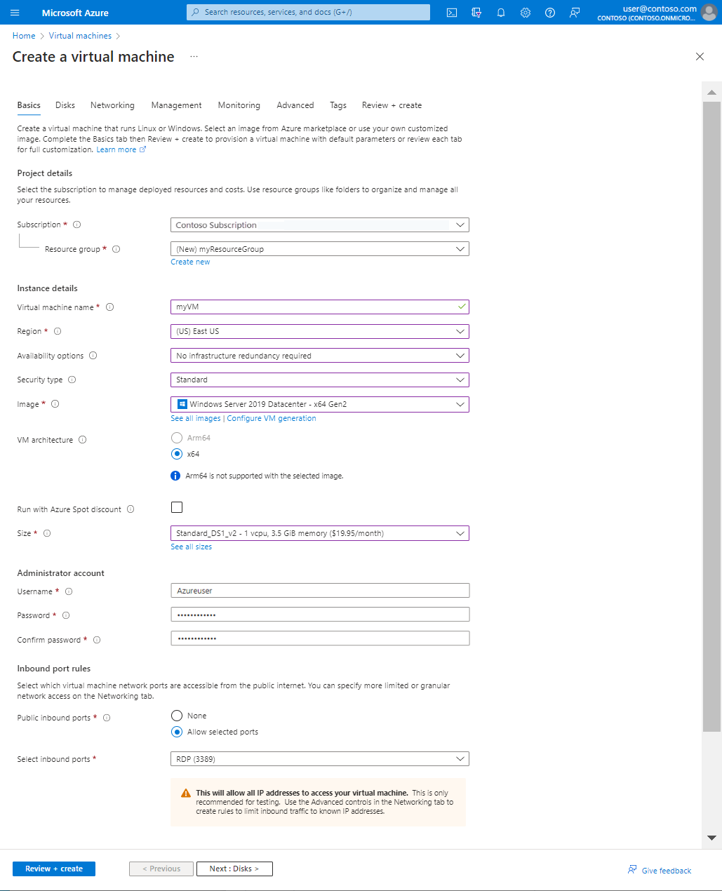 Screenshot that shows the Basic tab of the Create a virtual machine window.