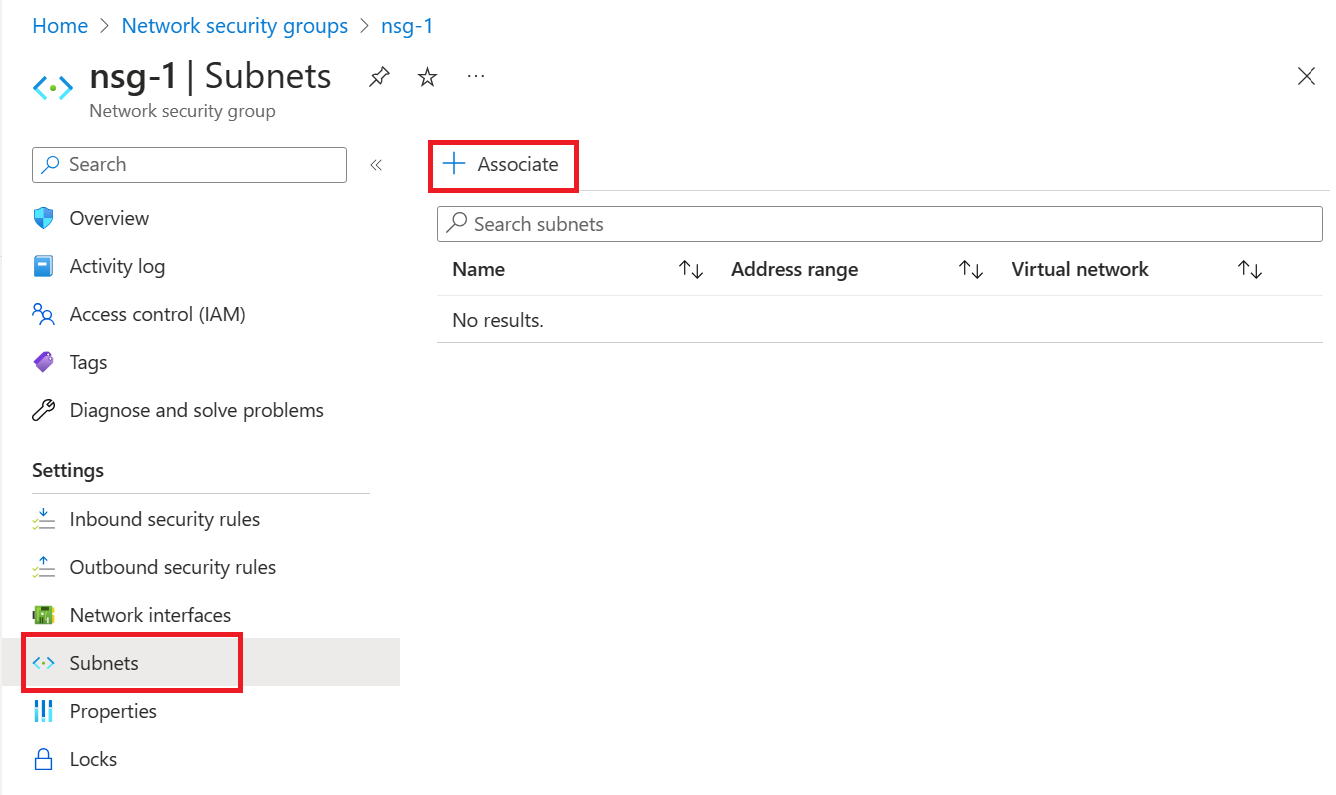 Screenshot of Associate a network security group to a subnet.