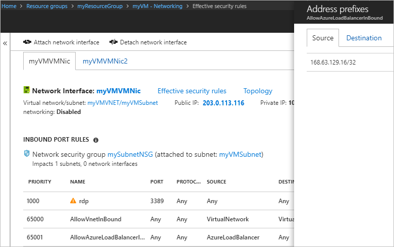 Screenshot shows Address prefixes for AllowAzureLoadBalancerInbound entered.