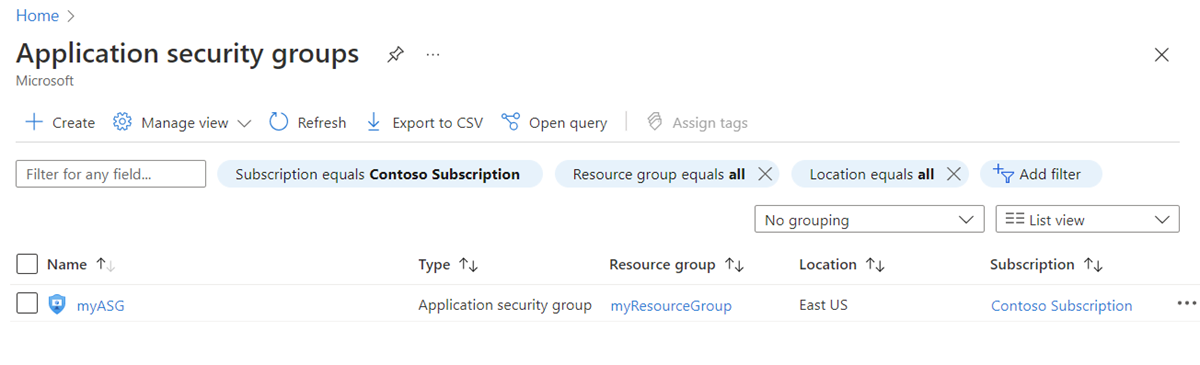 Screenshot that shows existing application security groups in the Azure portal.