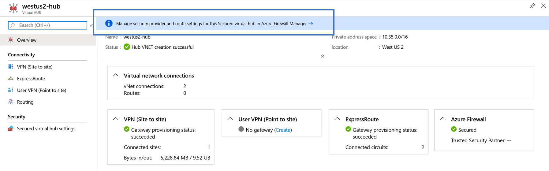 Screenshot showing Secured Hub overview with Manage Security Provider.