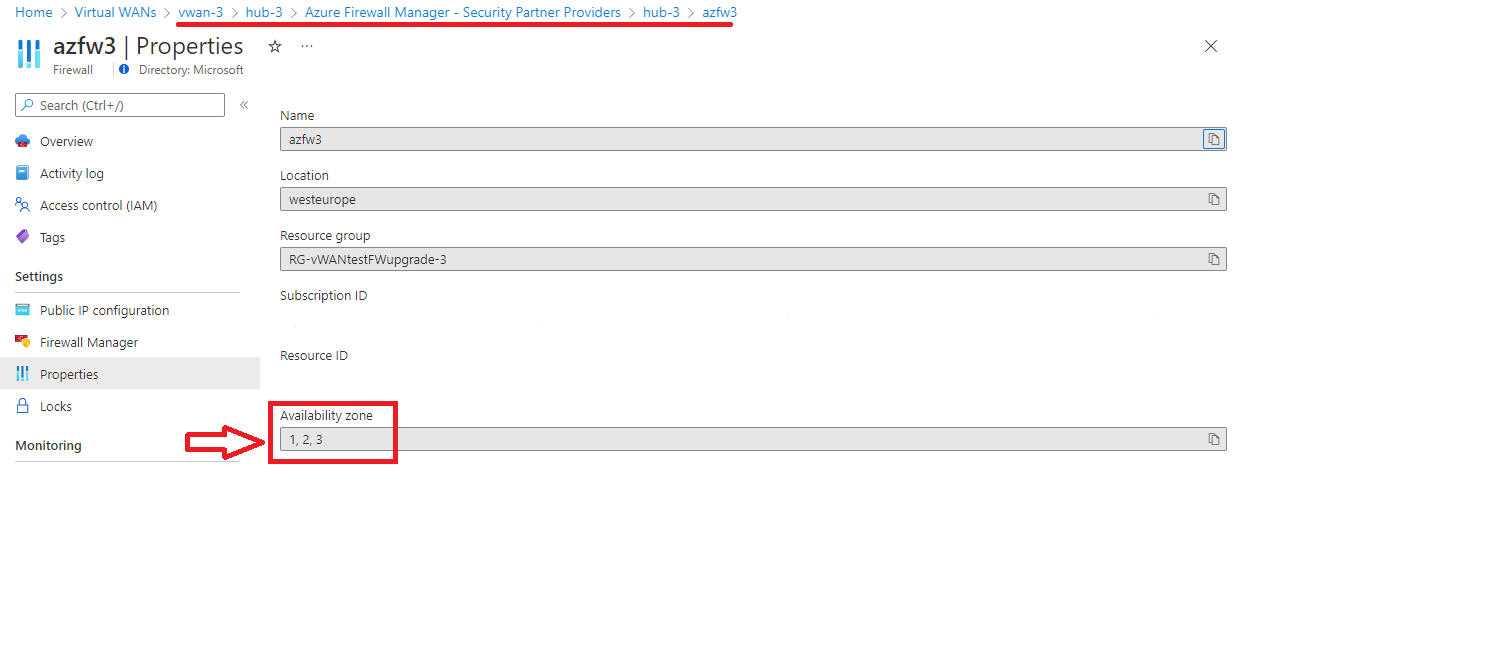 Screenshot showing Availability Zones property in Virtual WAN secured hub.