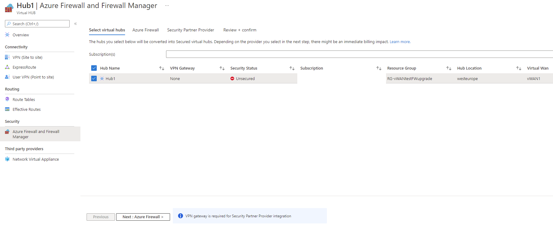 Screenshot showing [Select virtual hubs] step in the conversion flow