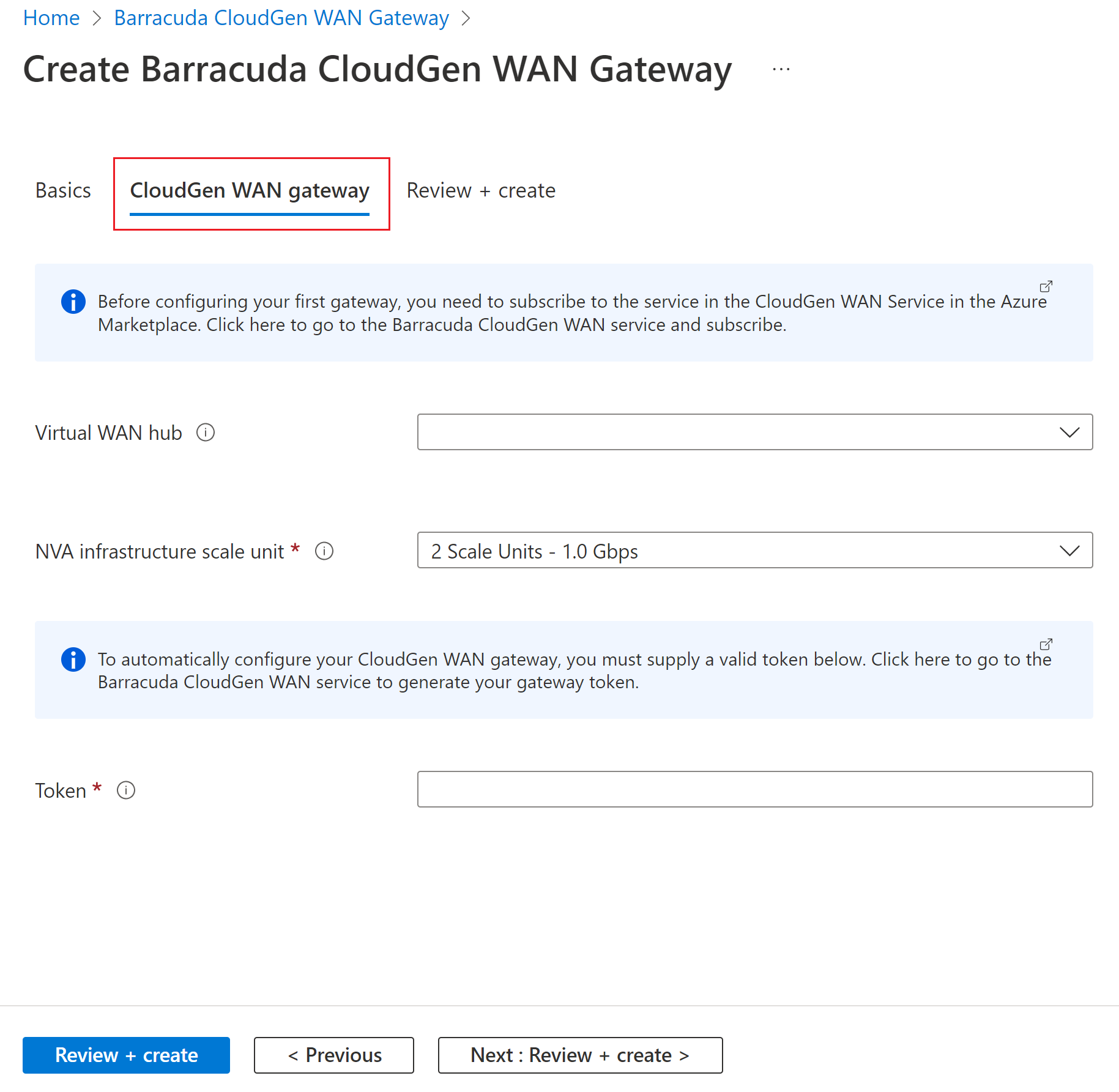 Screenshot of the Create Barracuda CloudGen WAN Gateway page.