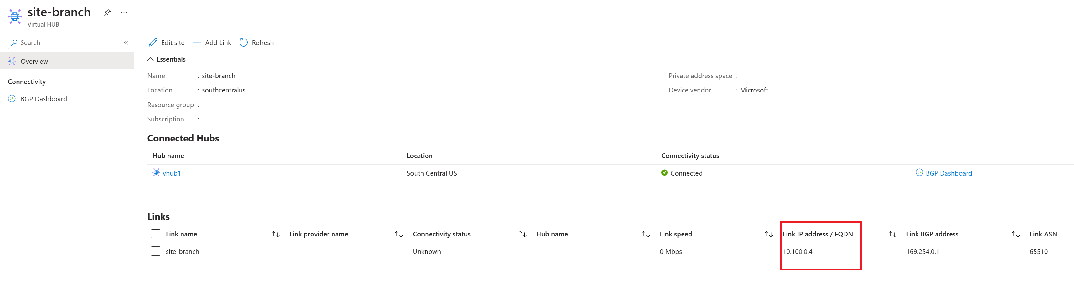 Screenshot showing VPN site on-premises device tunnel IP address.