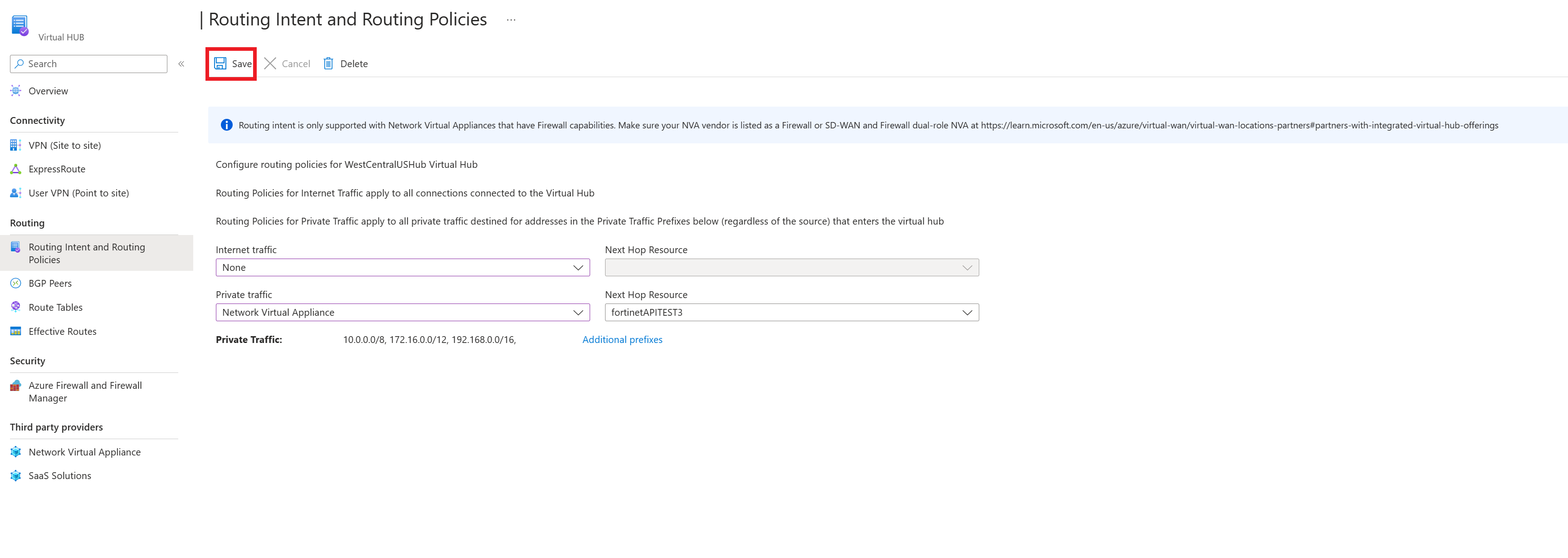 Screenshot showing how to save routing policies configurations.