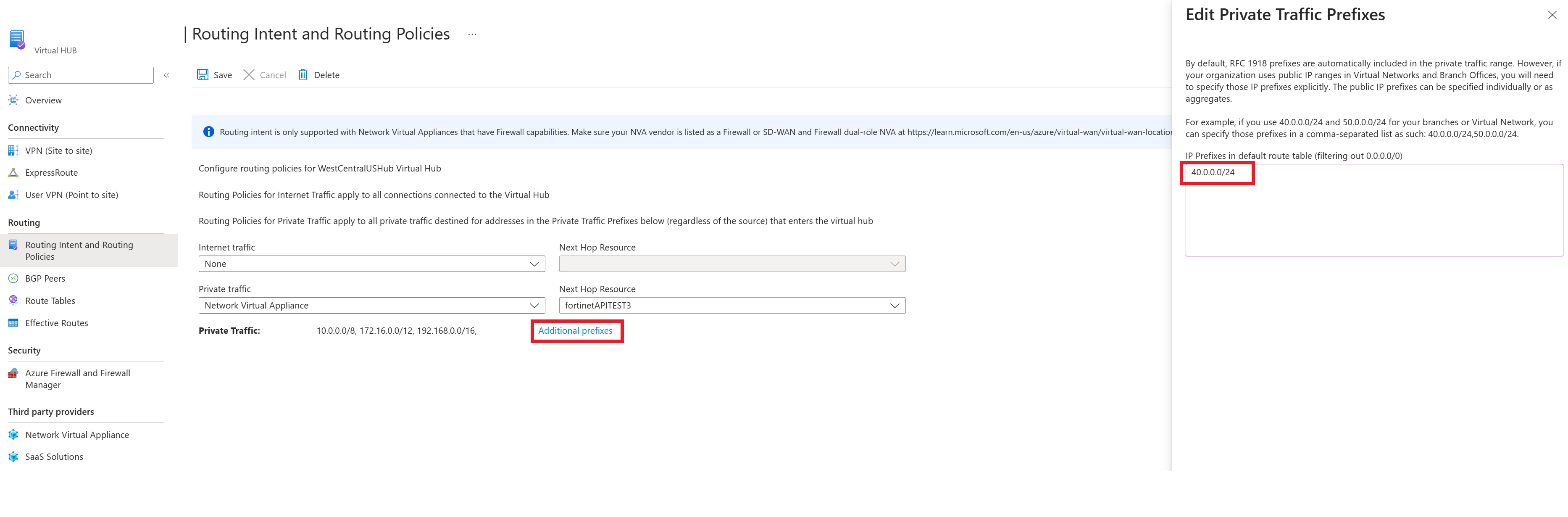 Screenshot showing how to configure additional private prefixes for NVA  routing policies.