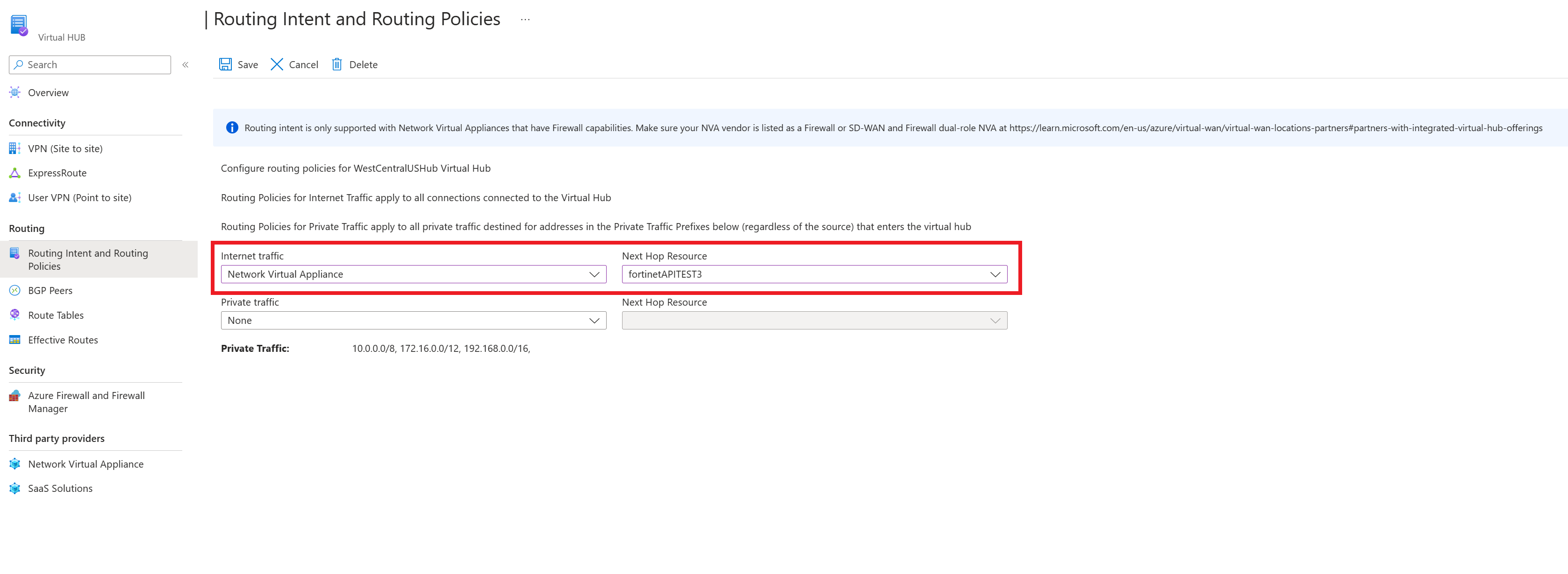 Screenshot showing how to configure public routing policies for NVA.