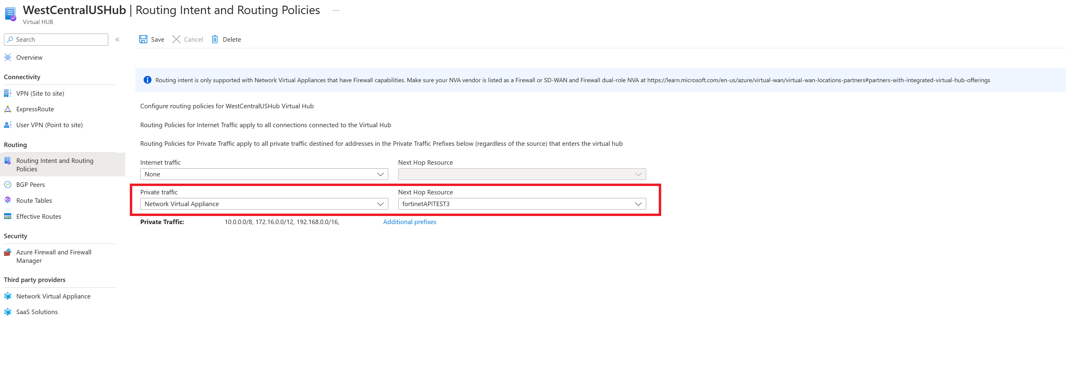 Screenshot showing how to configure NVA private routing policies.