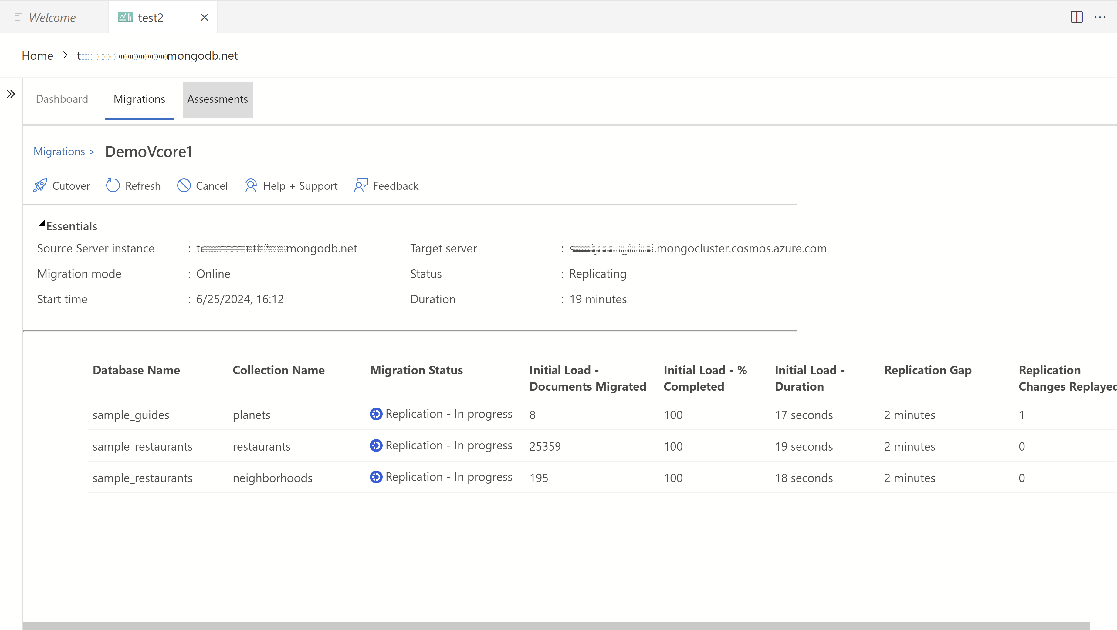 Screenshot of online migration status.