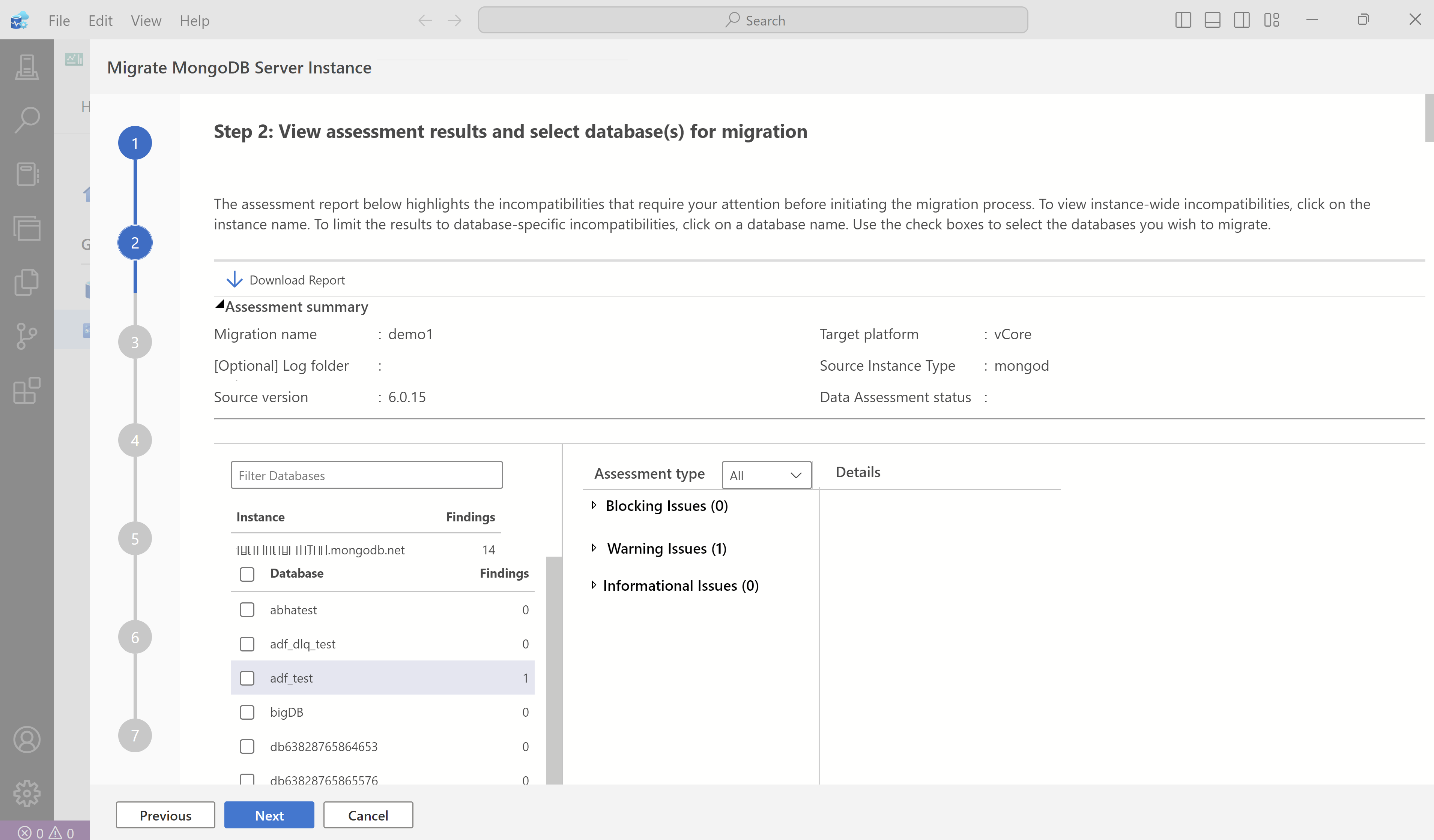 Screenshot of the new assessment report for the selected database within the source MongoDB instance.