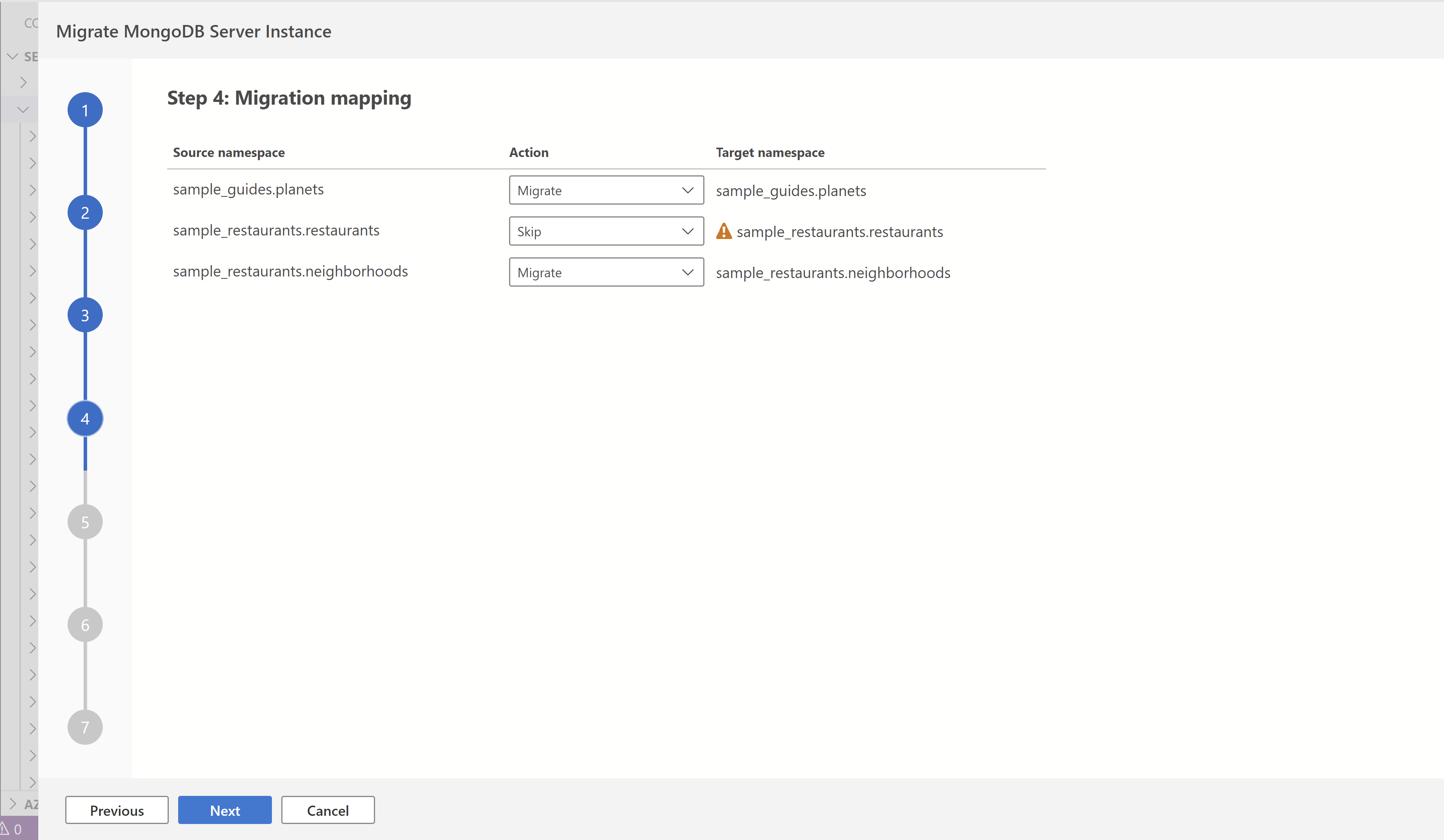 Screenshot of the mapping of collections from the source to the target.