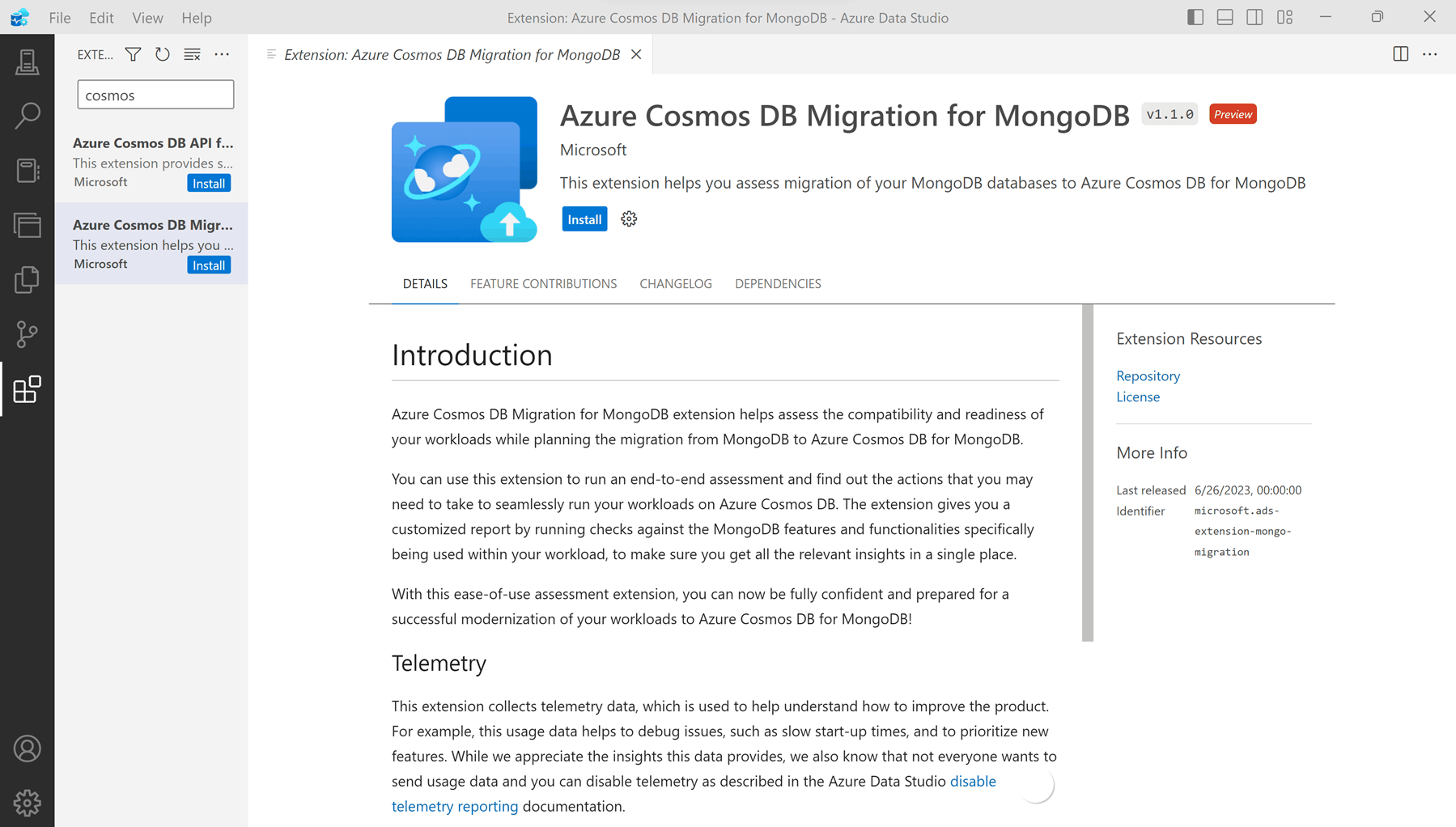 Screenshot of Azure Cosmos DB for MongoDB migration extension install button.