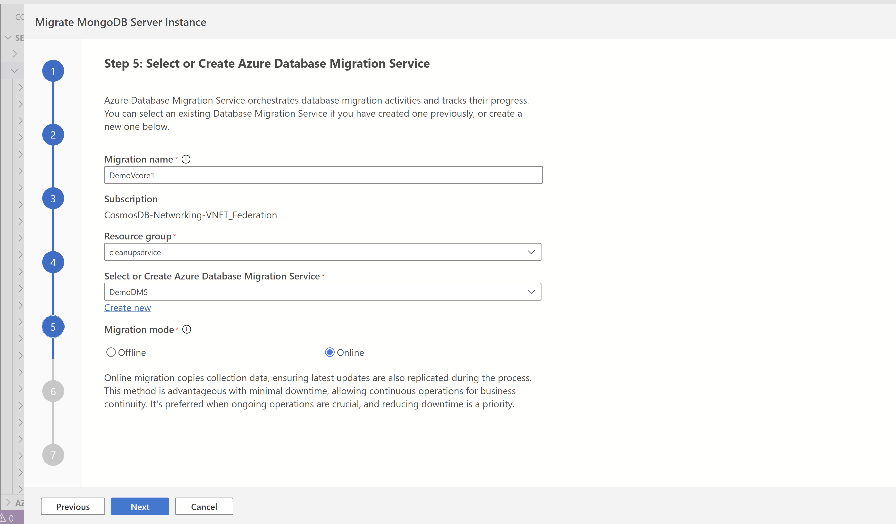 Screenshot of the option to choose a migration service.