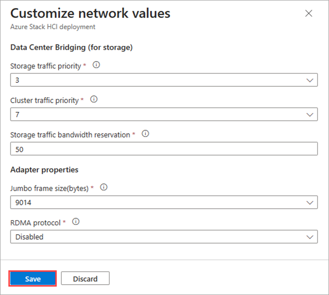 Screenshot of the customize network settings for a network intent used in deployment via Azure portal.