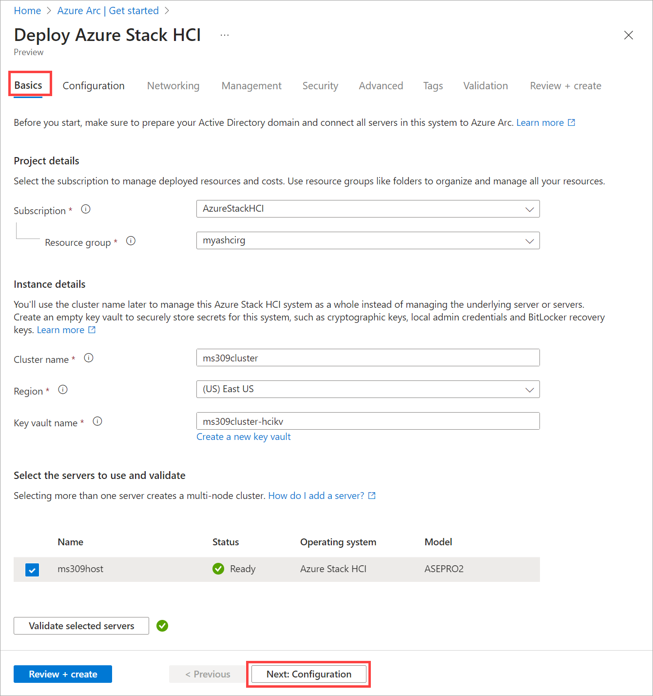 Screenshot of the Basics tab in deployment via Azure portal.