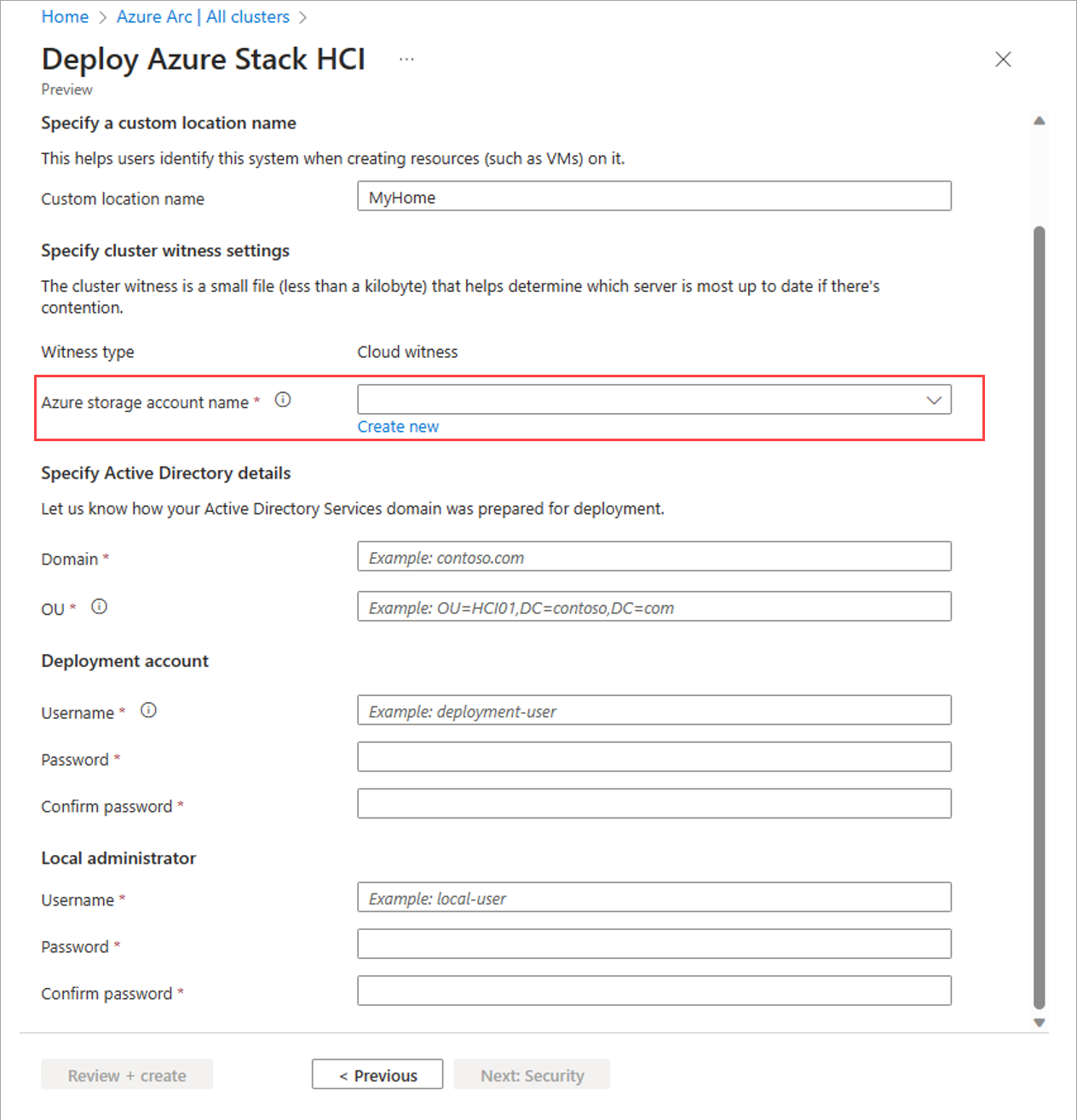 Screenshot of the Management tab with storage account for cluster witness for deployment via Azure portal.