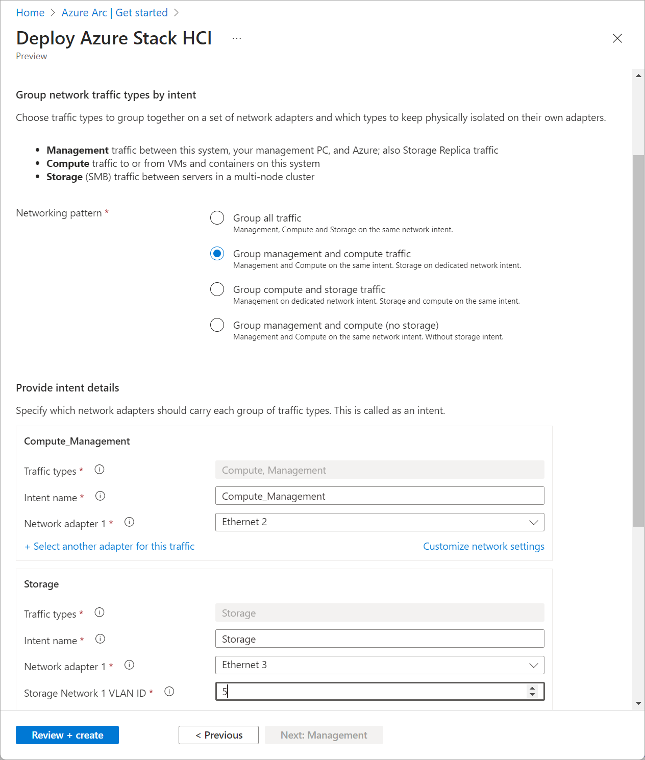 Screenshot of the Networking tab with network intents in deployment via Azure portal.