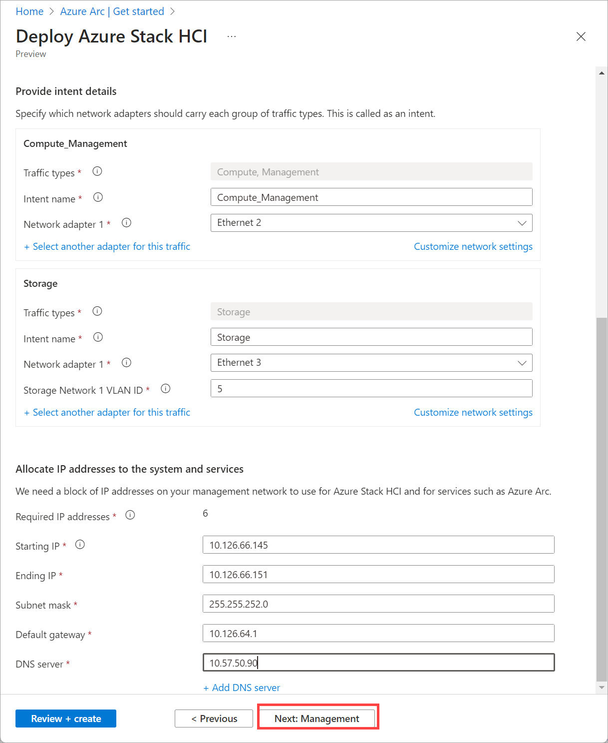 Screenshot of the Networking tab with IP address allocation to systems and services in deployment via Azure portal.