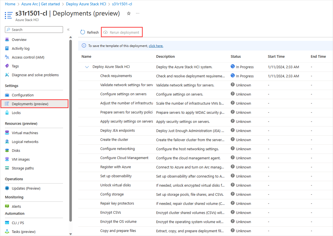 Screenshot of how to rerun a failed deployment via Azure portal.