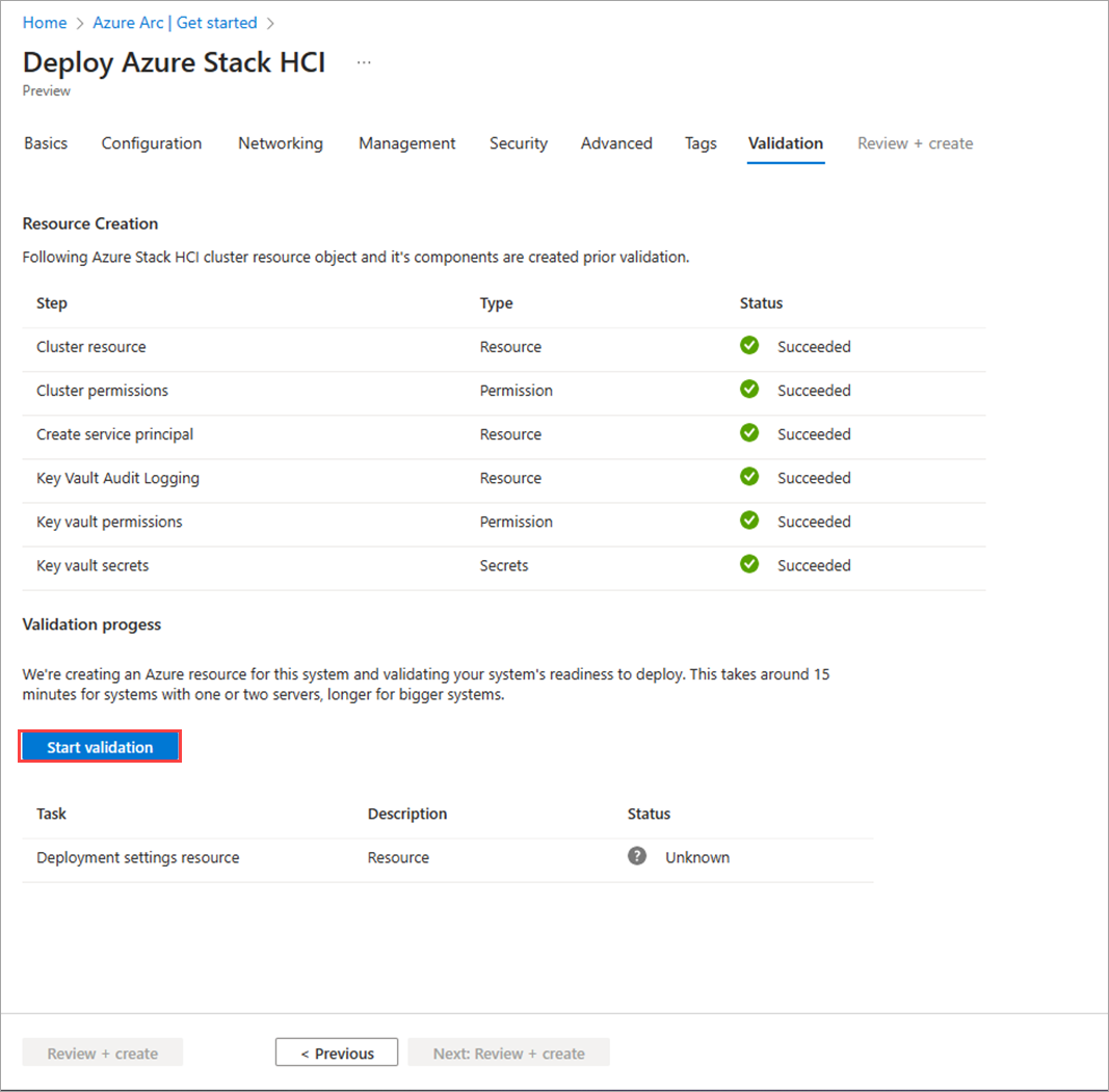 Screenshot of the Start validation selected in Validation tab in deployment via Azure portal.