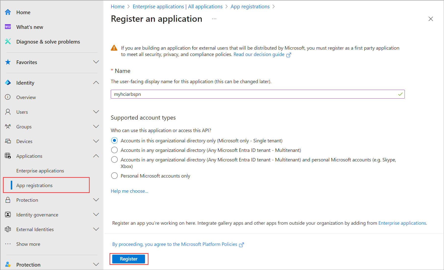 Screenshot showing Register an application for service principal creation.