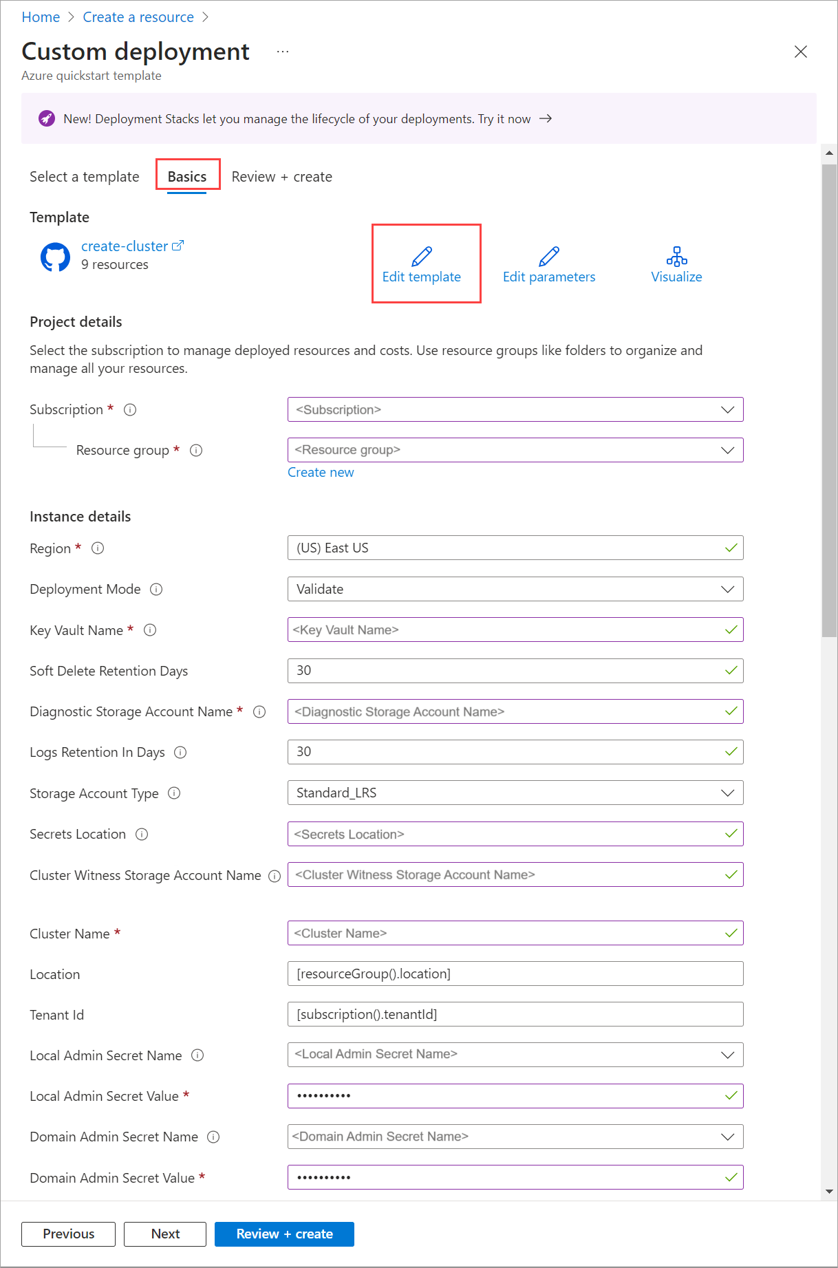 Screenshot showing Custom deployment page on the Basics tab.