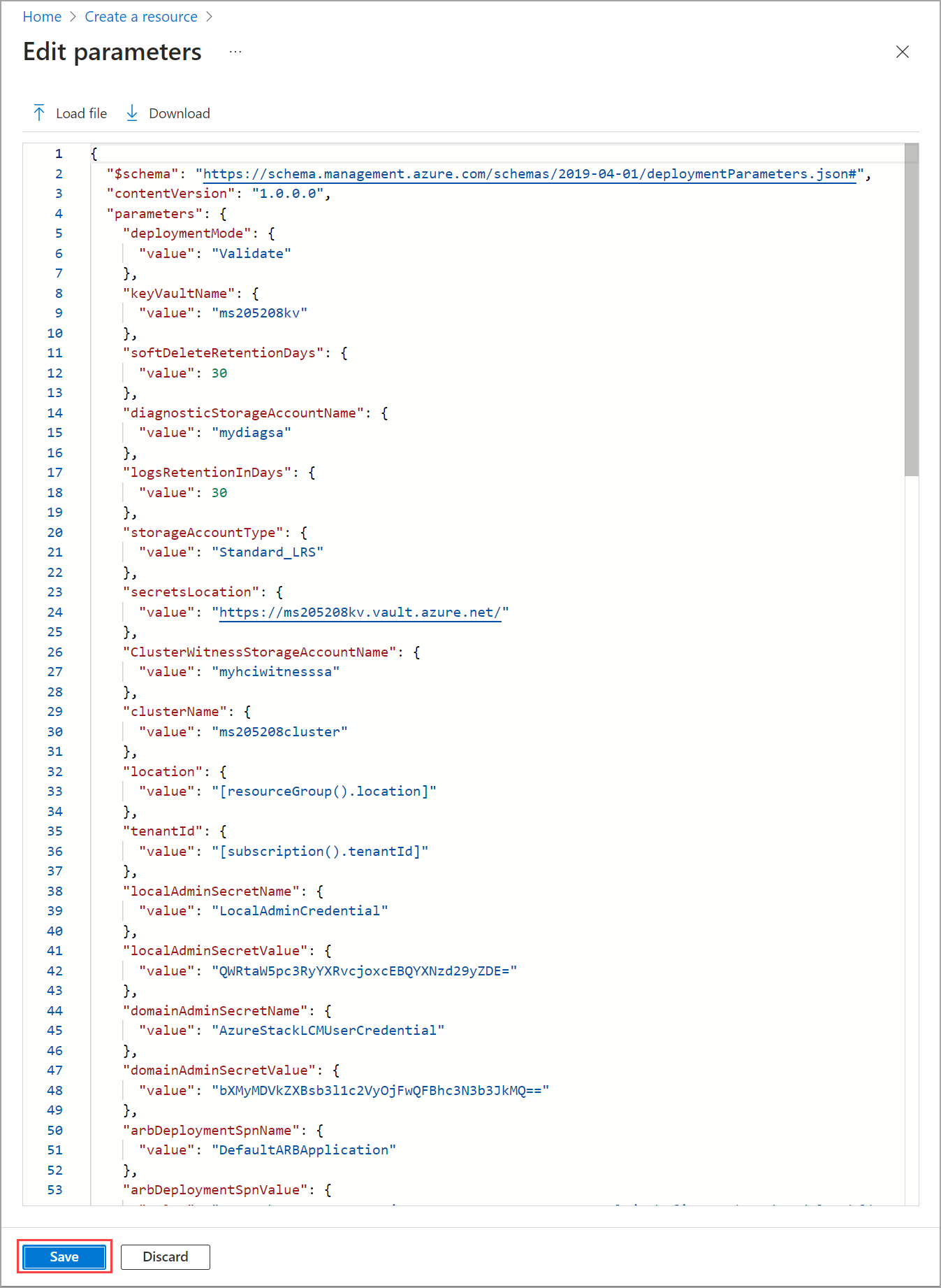 Screenshot showing parameters filled out for the template.